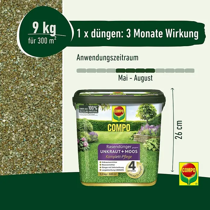 Compo Rasendünger Unkraut + Moos Komplettpflege - 9 kg, Max. Anwendungsfläche: 300 m² - Dunkelgrüner COMPO Eimer mit 9 kg Rasendünger gegen Unkraut und Moos, aus 100 % Recycling-Material, 26 cm hoch.