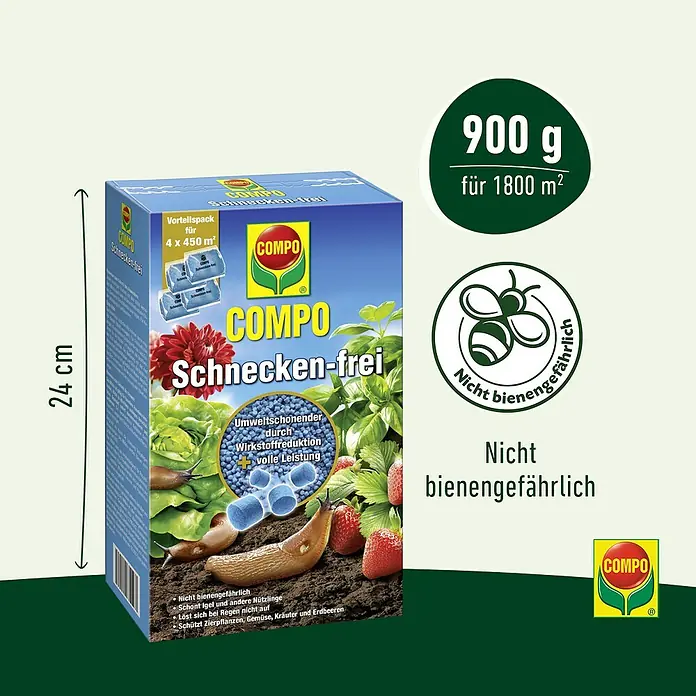Compo Schnecken-Stopp Vorteilspack - 900 g - Blaue und grüne COMPO Schnecken-frei Schneckenkornbox, 24 cm hoch, 900g für 1800m², als bienenungefährlich gekennzeichnet.