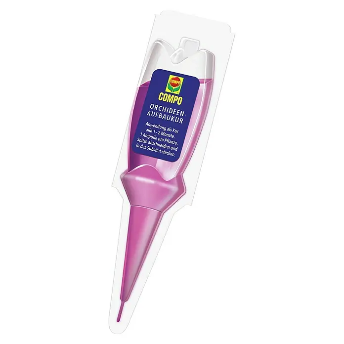 Compo Orchideendünger Aufbaukur - 30 ml - Lila Orchideen-Aufbaukur-Ampulle mit klarem Oberteil und Etikett, bereit zum Einstecken ins Substrat.
