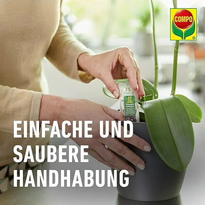 Compo Orchideendünger Aufbaukur - 30 ml - Eine Person steckt eine kleine, klare COMPO Orchideen-Kur-Ampulle in die Erde einer Topf-Orchidee.