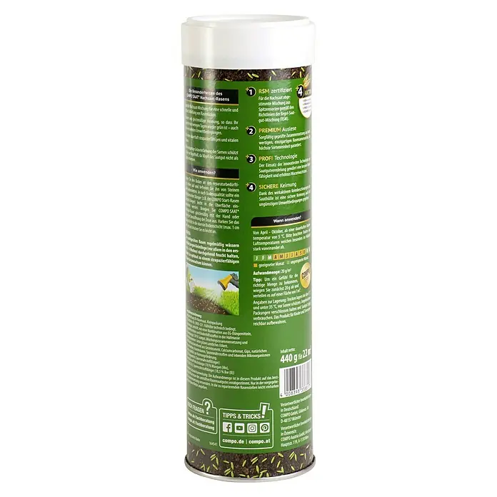 Compo Rasensamen Nachsaat-Rasen - 0,44 kg, 22 m² - Grüner und weißer Behälter mit COMPO SAAT Rasennachsaat, Produktinfos und Samenillustration.