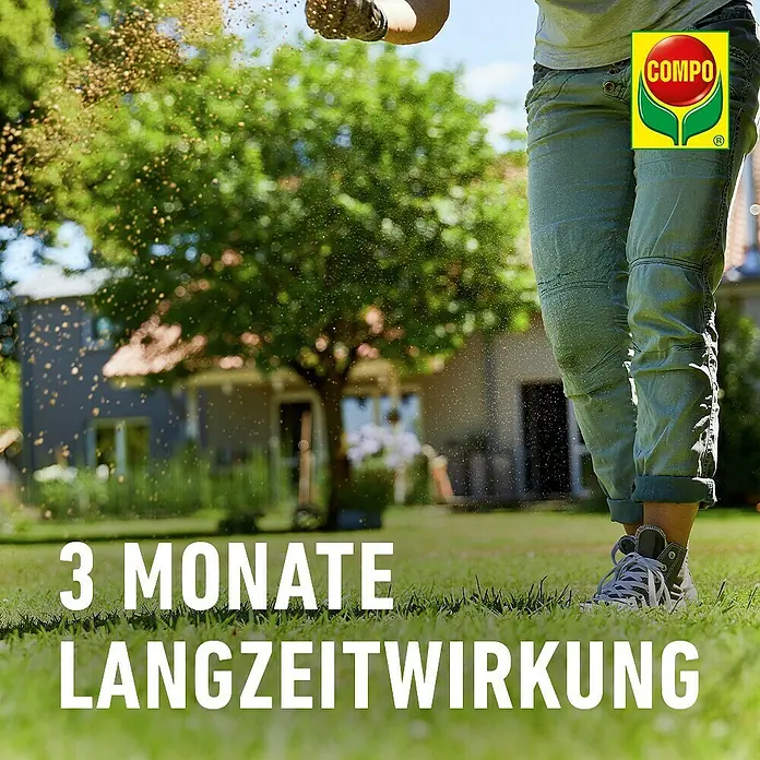 Compo Rasendünger Unkraut + Moos Komplettpflege - 9 kg, Max. Anwendungsfläche: 300 m² - Person streut COMPO Düngergranulat auf Rasen für 3 Monate Langzeitwirkung.