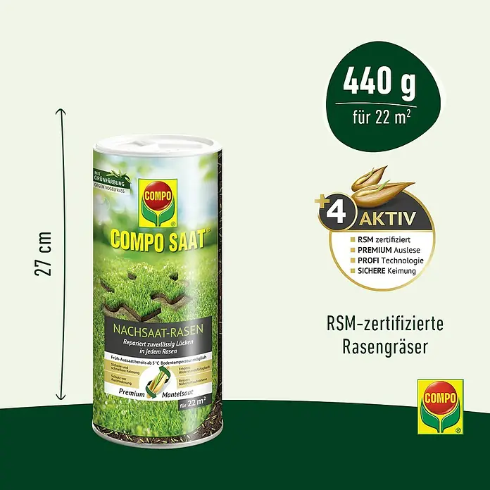 Compo Rasensamen Nachsaat-Rasen - 0,44 kg, 22 m² - Compo Saat Nachsaat-Rasen, 440g für 22m², Mantelsaat mit Grünkärbung gegen Vogelfrass.