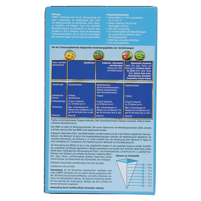 Compo Schnecken-Stopp Vorteilspack - 900 g - Informationspanel für COMPO Schnecken-frei, mit Details zu Wirkung, Eigenschaften, Anwendung und Dosierungshilfe.