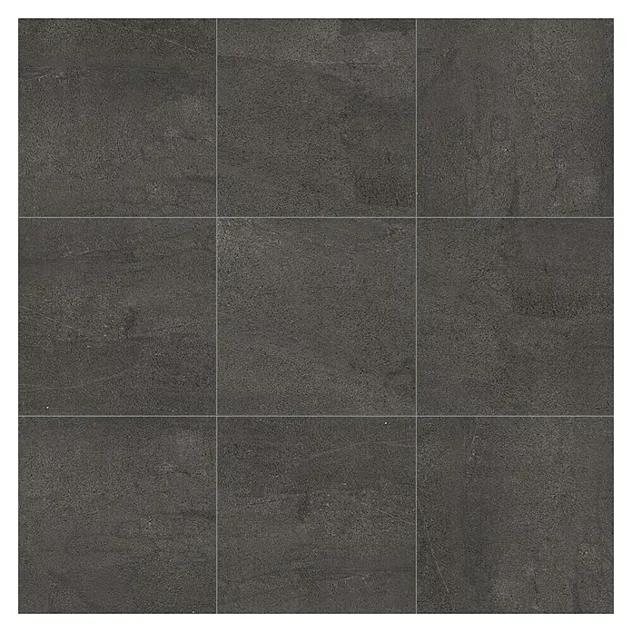 Terrassenfliese Patio - 60 x 60 x 2 cm, Anthrazit, Matt - Nahaufnahme von neun dunkelgrauen Fliesen mit subtilen Texturen und Fugenlinien, ideal für moderne Boden- und Wandgestaltungen.