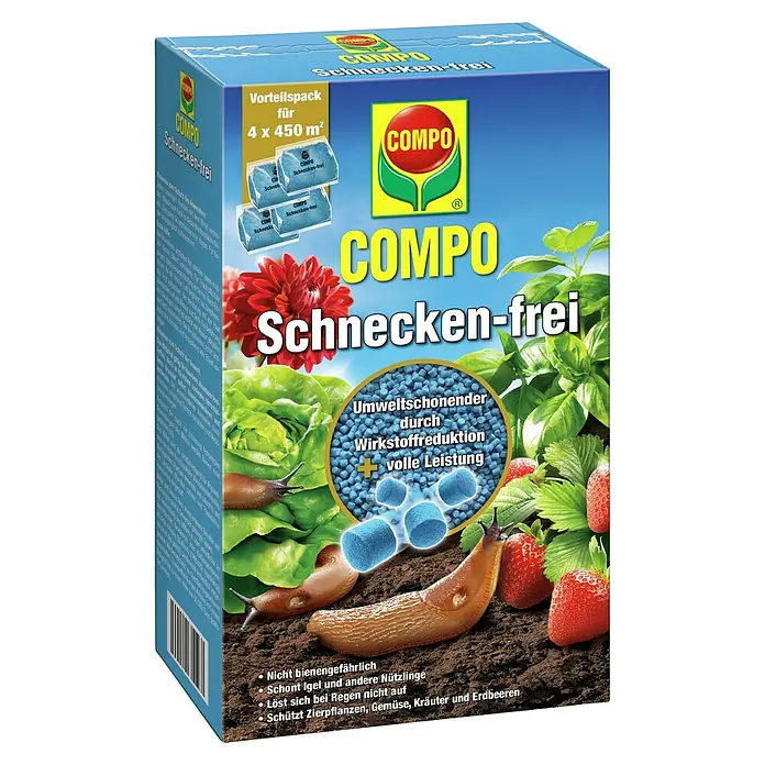 Compo Schnecken-Stopp Vorteilspack - 900 g - Blaue und gelbe Compo Schnecken-frei Schneckenkorn-Box mit Gartenmotiv, zeigt Schnecken zwischen Salat und Erdbeeren sowie blaue Pellets.