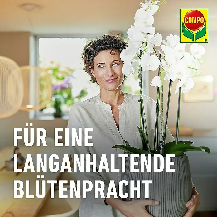Compo Orchideendünger Aufbaukur - 30 ml - Frau hält grauen Topf mit weißer Orchidee, die langanhaltende Blüten zeigt, den Effekt eines Pflanzenpflegeprodukts hervorhebend.