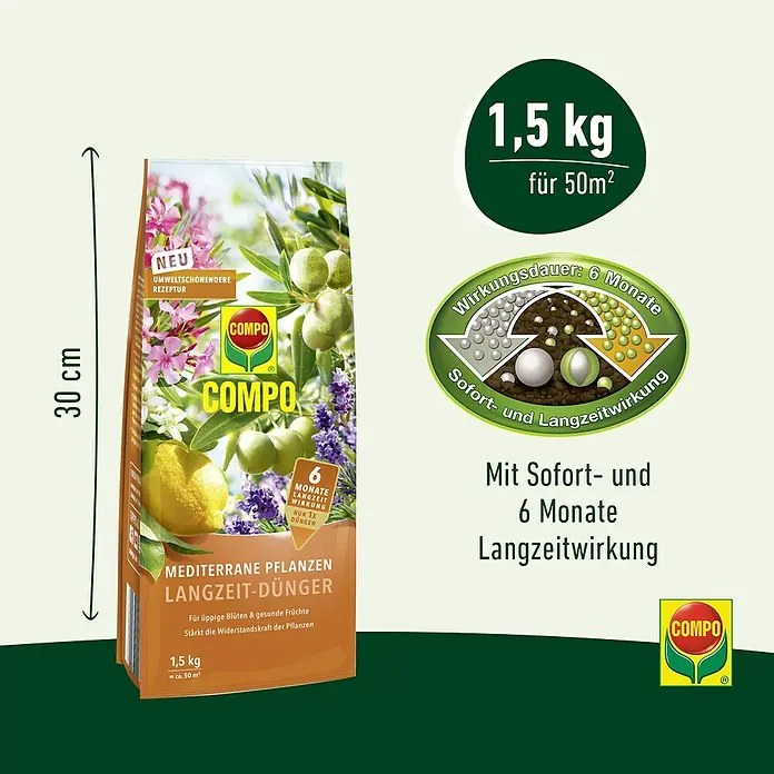 Compo Langzeitdünger Mediterrane Pflanzen - 1,5 kg - Abbildung zeigt COMPO Mediterrane Pflanzen Langzeit-Dünger, 1,5 kg für üppige Blüten und gesunde Früchte.