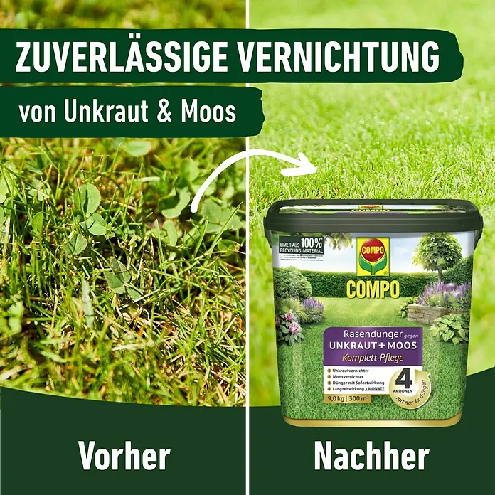 Compo Rasendünger Unkraut + Moos Komplettpflege - 9 kg, Max. Anwendungsfläche: 300 m² - Dunkler COMPO Rasendünger-Eimer aus 100% Recycling-Material, der eine weeden- und moosfreie Rasenfläche verspricht.