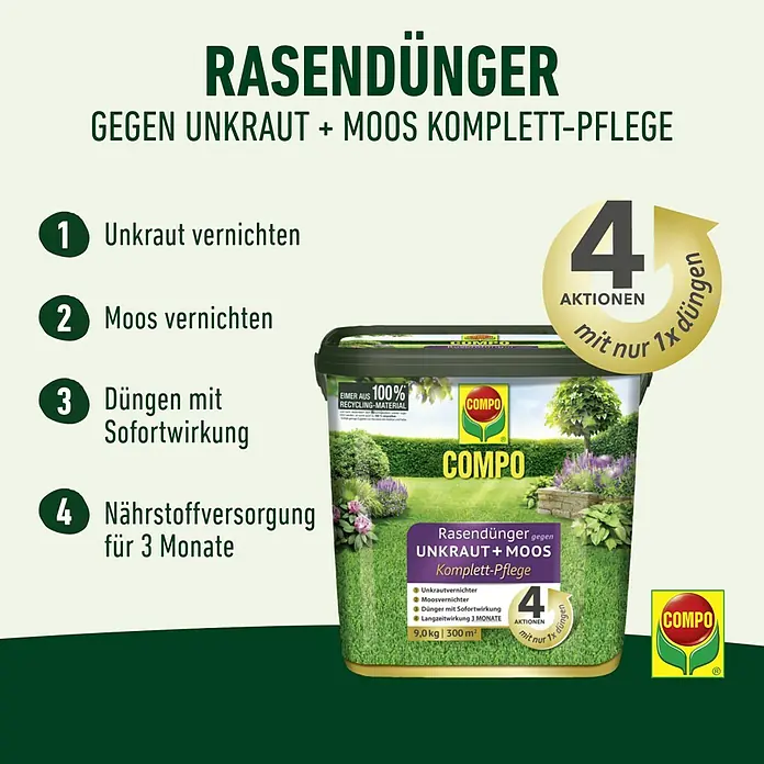 Compo Rasendünger Unkraut + Moos Komplettpflege - 9 kg, Max. Anwendungsfläche: 300 m² - Schwarzer Eimer COMPO Rasendünger gegen Unkraut und Moos, platziert in einer Gartenumgebung.