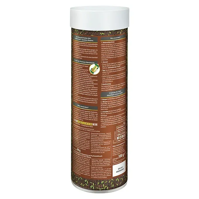 Compo Saat Rasensamen Schattenrasen - 300 g, 15 m² - Brauner Behälter mit Etiketten und Illustrationen für COMPO SAAT® Schatten-Rasensamen.