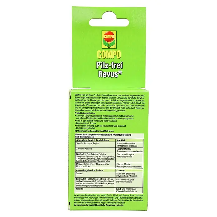 Compo Pilzfrei Revus® - 20 ml - Hellgrüne Compo Pilz-frei Revus Fungizid-Konzentratverpackung mit gelbem Text und Logo, zum Aufhängen.