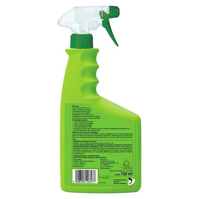 Compo Rosen- & Zierpflanzen-Pilzfrei Duaxo AF - 750 ml - Hellgrüne Sprühflasche mit transparentem Sprühkopf und grünem Abzug, für Pflanzenschutz.