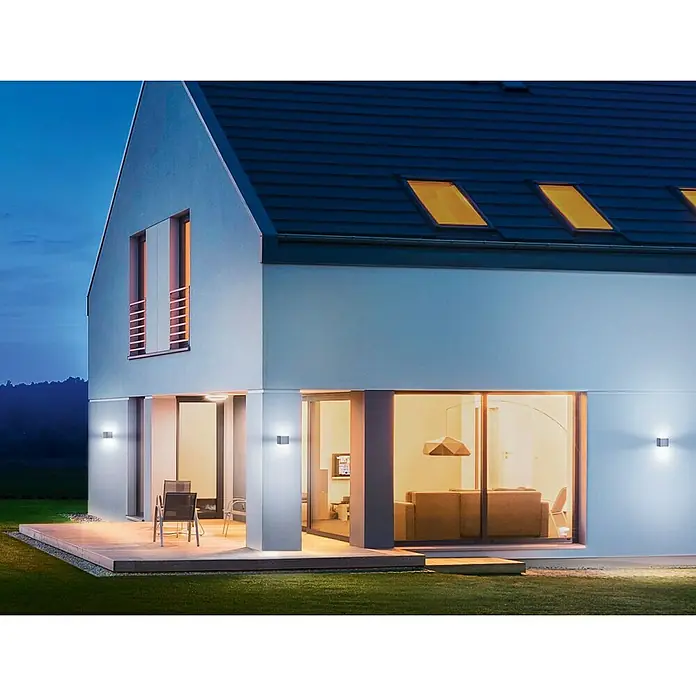Steinel Aplique exterior LED con sensor L 840 SC - 9,1 W, L x An x Al: 11 x 11 x 13,35 cm, Antracita, Blanco cálido - Fachada moderna con luces exteriores que emiten una luz cálida y acogedora, acentuando la arquitectura.