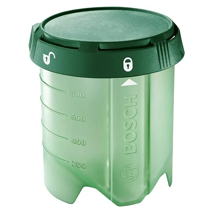 Bosch Farbbehälter - 1.000 ml, Passend für: Bosch Farbsprühsystem PFS 3000-2 & PFS 5000 E - Abgebildeter Bosch Behälter mit Messskala und Verschlussdeckel. Praktisches Zubehör für präzises Dosieren und sichere Aufbewahrung.
