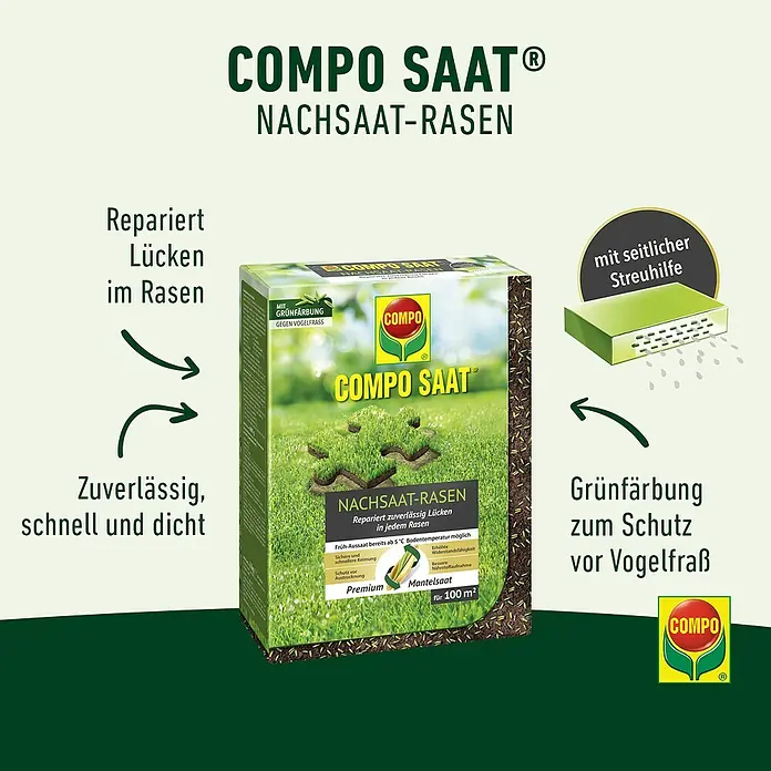 Compo Rasensamen Nachsaat-Rasen - 2 kg, 100 m² - Grün-weiße Compo Saat Nachsaat-Rasen Packung mit Streuhilfe. Enthält grün gefärbte Samen zum Schutz vor Vogelfraß und zur Reparatur von Rasenlücken.