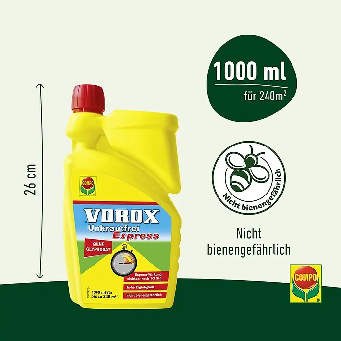 Compo Vorox Unkrautfrei Express - 1.000 ml - Gelbe COMPO VOROX Unkrautfrei Express Unkrautvernichter-Flasche, 1000 ml für 240 m², glyphosatfrei, nicht bienengefährlich.