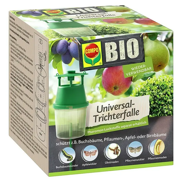 Compo Bio Trichterfalle Universal - L x B x H: 11,4 x 11,4 x 11,9 cm - Produktbox für eine grüne und transparente Universal-Trichterfalle, mit Obst- und Schädlingsillustrationen, beschriftet mit 'BIO' und 'wiederverwendbar'.