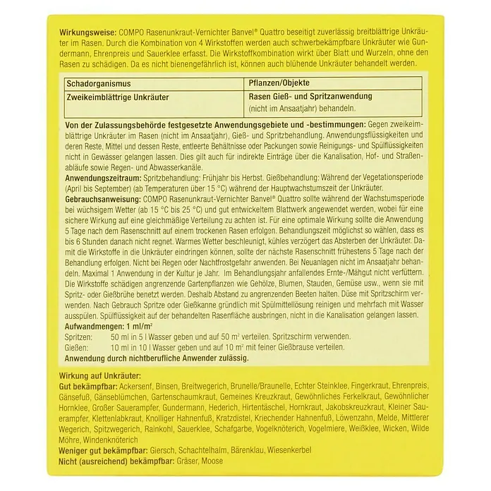 Compo Unkrautvernichter Banvel® Quattro - 75 ml - Detailinformationen zu COMPO Rasenunkraut-Vernichter Banvel® Quattro, inklusive Wirkungsweise und Anwendungshinweisen.