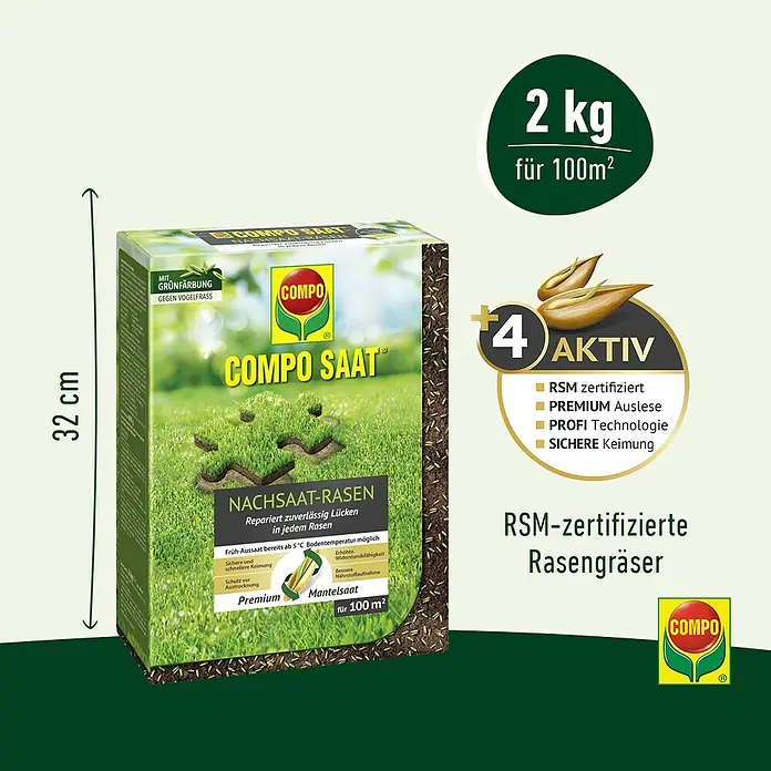 Compo Rasensamen Nachsaat-Rasen - 2 kg, 100 m² - Grüne und gelbe Schachtel COMPO Nachsaat-Rasen Grassamen, 2 kg für 100 m², mit Mantelsaat und Vogelfraßschutz.