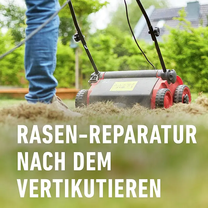 Compo Saat Rasensamen Vertikutier-Mix - 4 kg, 133 m² - Roter und schwarzer Vertikutierer entfernt Rasenfilz auf einem Rasen.