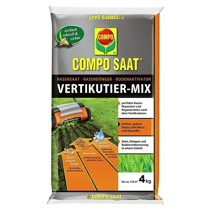 Compo Saat Rasensamen Vertikutier-Mix - 4 kg, 133 m² - Compo Saat Vertikutier-Mix 4kg Beutel zur Rasenreparatur und -regeneration nach dem Vertikutieren. Für dichten, grünen Rasen mit Saat, Dünger und Bodenaktivator.
