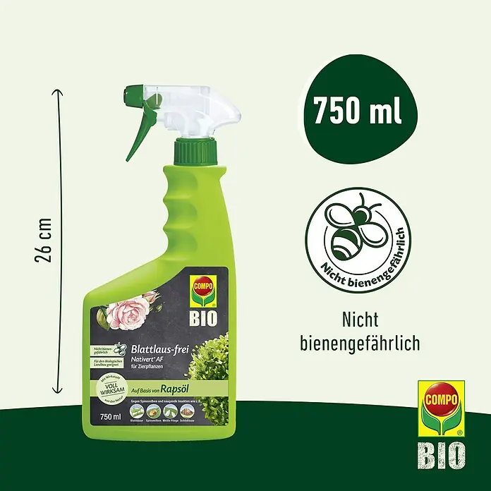 Compo Blattlausfrei Nativert® AF - 750 ml - Grüne 750ml Sprühflasche bienenfreundlicher Pflanzenpflege gegen Blattläuse auf Rapsölbasis.
