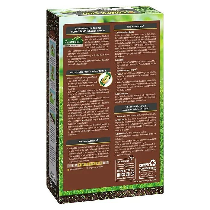 Compo Saat Rasensamen Schattenrasen - 1 kg, 50 m² - Grüne und braune Schachtel COMPO Saat Schatten-Rasensamen mit Text und Samen-Illustration.