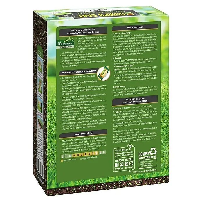 Compo Rasensamen Nachsaat-Rasen - 2 kg, 100 m² - Grüne Packung COMPO SAAT Rasennachsaat mit Anweisungen, zeigt grün gefärbte Samen.