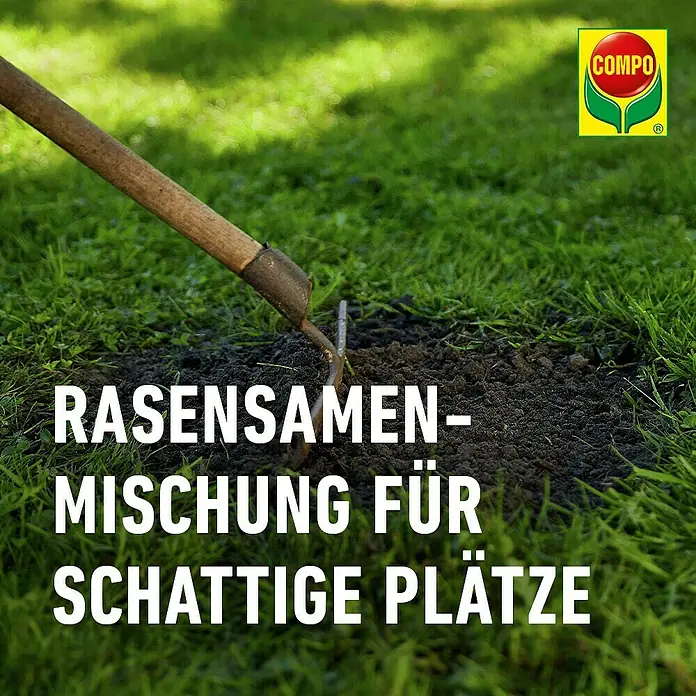 Compo Saat Rasensamen Schattenrasen - 1 kg, 50 m² - Rasensamenmischung für schattige Plätze. Eine Harke bereitet den Boden auf einer Rasenfläche vor.