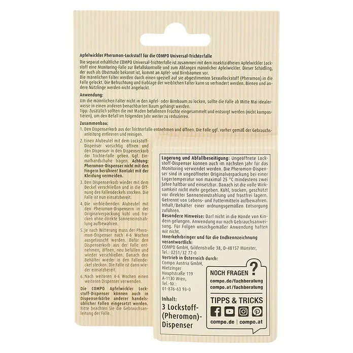 Compo Bio Apfelwickler-Lockstoff - 3 Stk. - Deutsches Produktetikett für COMPO Apfelwickler-Pheromon-Lockstoff, mit Anwendung, Montage und Firmeninfos.