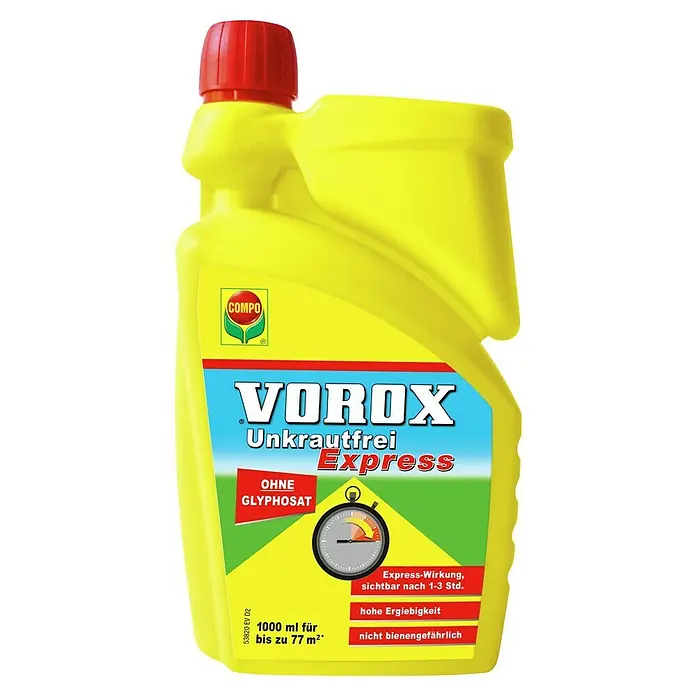 Compo Vorox Unkrautfrei Express - 1.000 ml - Gelbe Flasche Unkrautvernichter "VOROX Unkrautfrei Express" mit rotem Deckel.