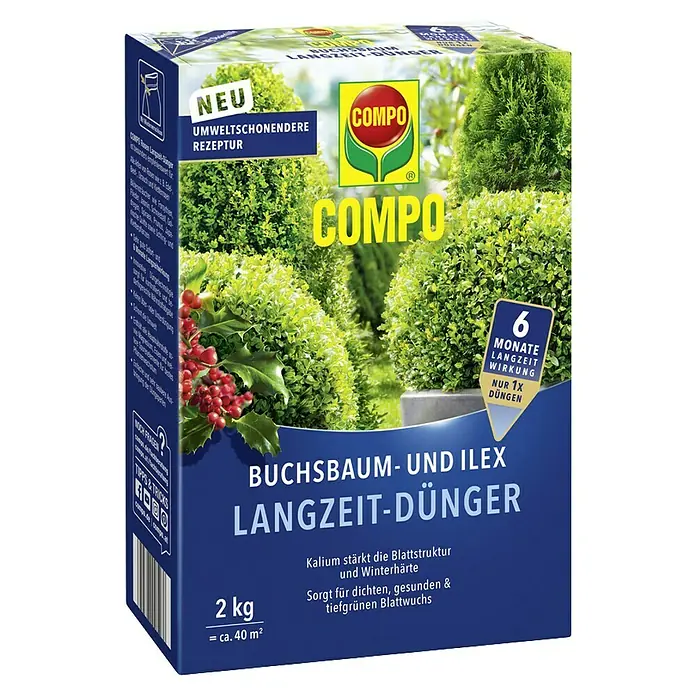 Compo Langzeitdünger Buchsbaum & Ilex - 2 kg - Abbildung einer Packung COMPO Buchsbaum- und Ilex-Langzeitdünger mit einer umweltschonenden Rezeptur für bis zu 6 Monate.