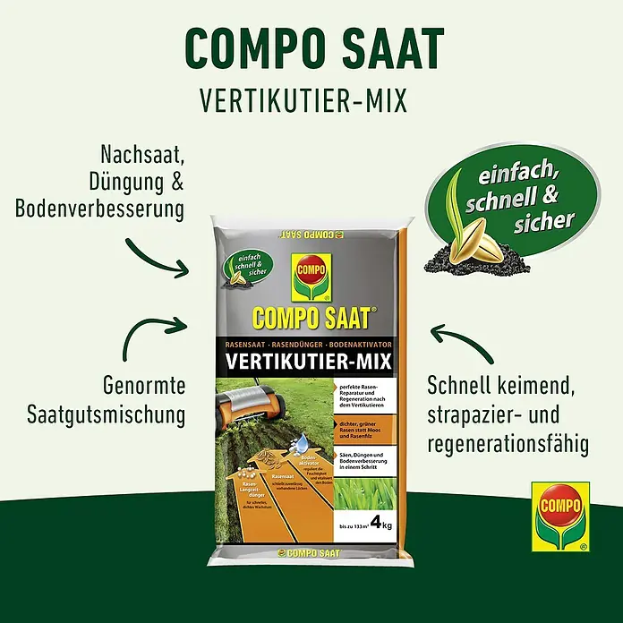 Compo Saat Rasensamen Vertikutier-Mix - 4 kg, 133 m² - COMPO SAAT Vertikutier-Mix, eine grau-orange 4kg-Packung Rasensaat, Dünger und Bodenaktivator zur Rasenreparatur und Verbesserung.