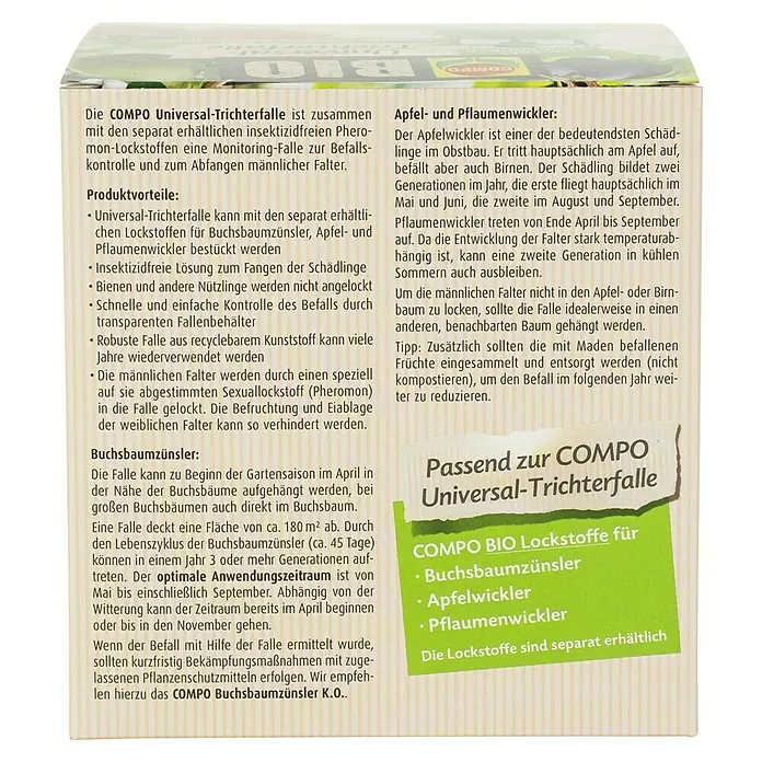Compo Bio Trichterfalle Universal - L x B x H: 11,4 x 11,4 x 11,9 cm - Informationen zur COMPO Universal-Trichterfalle und passenden BIO Lockstoffen für Buchsbaumzünsler, Apfel- und Pflaumenwickler.