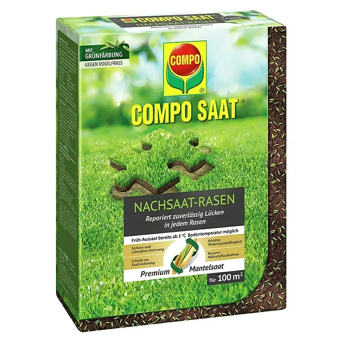 Compo Rasensamen Nachsaat-Rasen - 2 kg, 100 m² - Compo Saat Nachsaat-Rasen Box. Grüne Samen schützen vor Vogelfrass. Repariert Rasenlücken für 100 m².