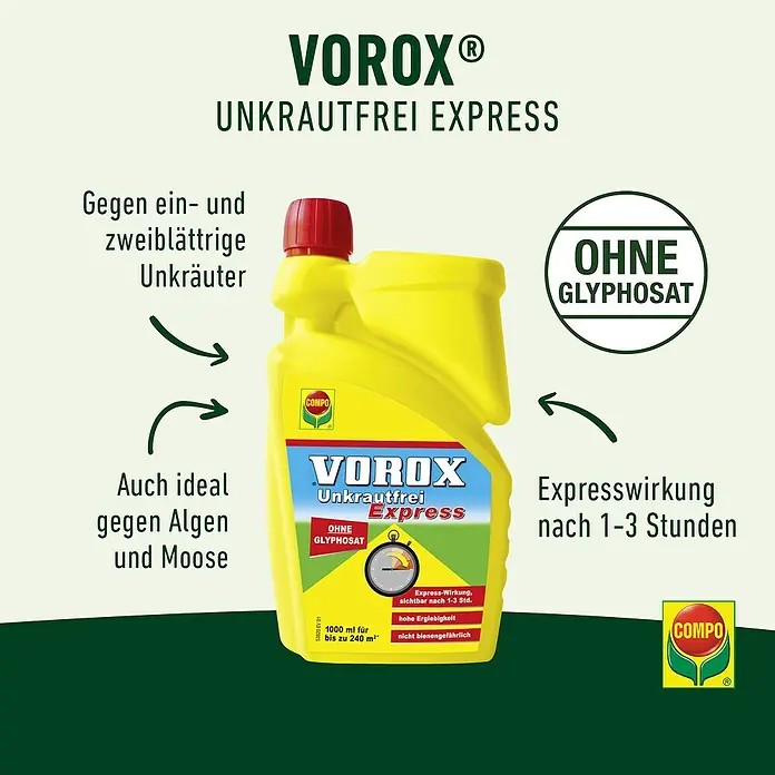 Compo Vorox Unkrautfrei Express - 1.000 ml - Gelbe VOROX Express Unkrautvernichter-Flasche, bewirbt schnellwirkende, glyphosatfreie Formel gegen Unkräuter, Algen und Moose.