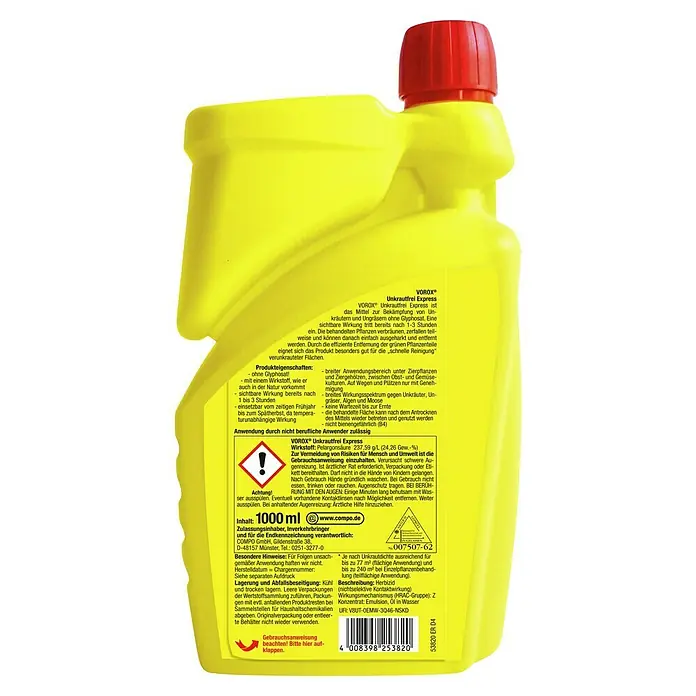 Compo Vorox Unkrautfrei Express - 1.000 ml - Eine gelbe Flasche mit rotem Deckel, die VOROX® Unkrautfrei Express Unkrautvernichter enthält.