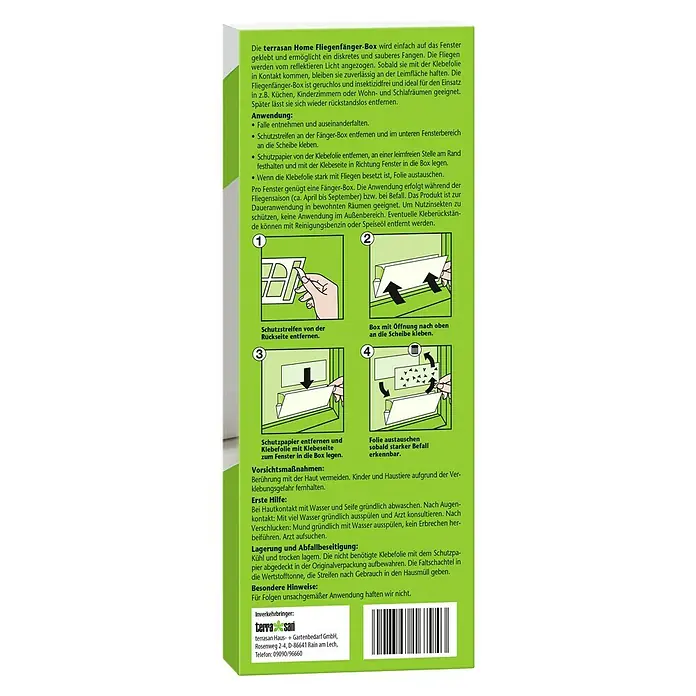 Terrasan Fliegenfalle - 2 Stk. - Etikett der terrasan Home Fliegenfänger-Box mit deutscher Anleitung und vier Diagrammen zur Anwendung und Sicherheit.