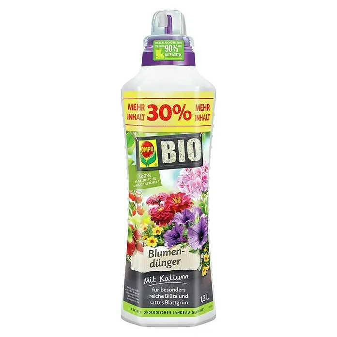 Compo Bio Blühpflanzendünger - 1,3 l - Weiße 1,3L Bio-Blumendüngerflasche mit lila Kappe, Etikett zeigt Blumen/Früchte. Aus über 90% recyceltem Kunststoff.