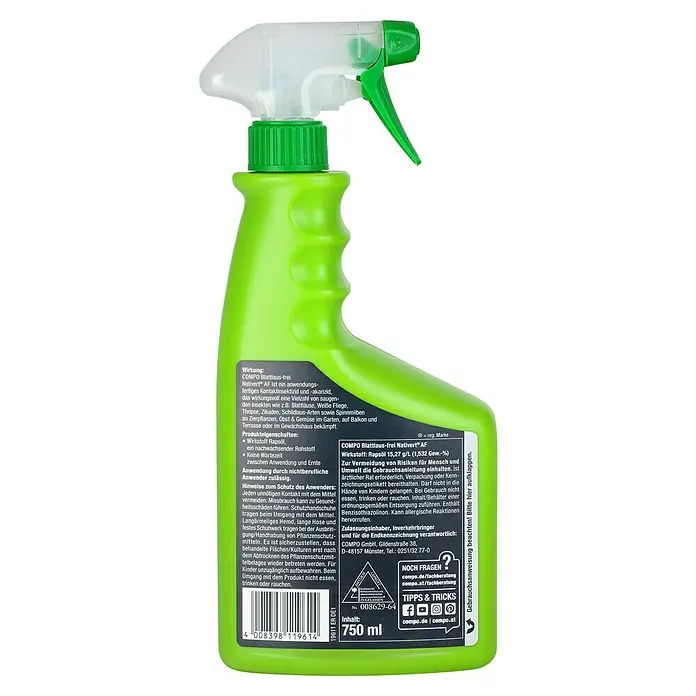 Compo Blattlausfrei Nativert® AF - 750 ml - Grüne Sprühflasche für Pflanzenpflege mit transparenter Düse und grünem Abzug.