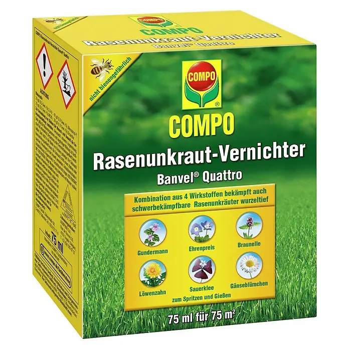 Compo Unkrautvernichter Banvel® Quattro - 75 ml - COMPO Banvel Quattro Rasenunkraut-Vernichter in gelber Verpackung, als 'nicht bienengefährlich' gekennzeichnet.