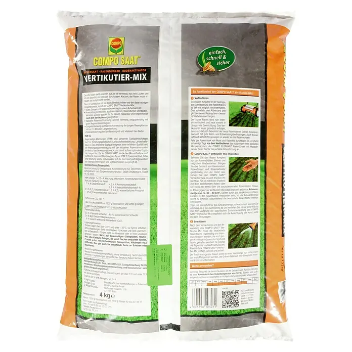 Compo Saat Rasensamen Vertikutier-Mix - 4 kg, 133 m² - 4 kg Beutel COMPO SAAT Vertikutier-Mix, eine grau-orange Verpackung mit grün-gelbem Logo für Rasenreparatur.