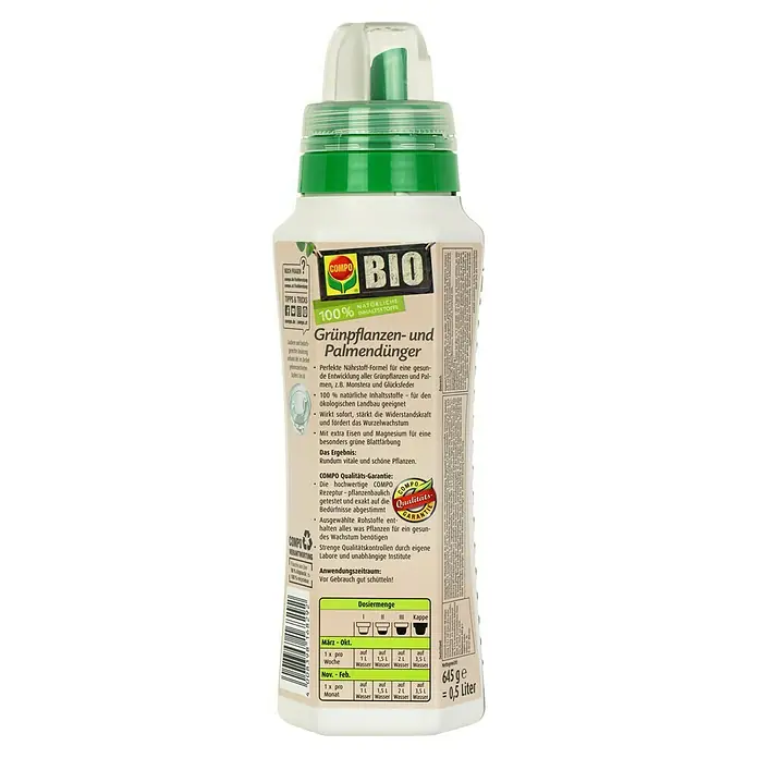 Compo Bio Grünpflanzendünger - 500 ml - COMPO BIO Grünpflanzen- und Palmendünger in einer grün-weißen Flasche mit grüner Kappe.