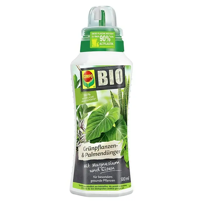 Compo Bio Grünpflanzendünger - 500 ml - Compo Bio 500ml Flüssigdünger für Grünpflanzen und Palmen in weißer Flasche mit grünem Deckel und Etikett. Aus über 90% Altplastik, mit natürlichen Inhaltsstoffen.