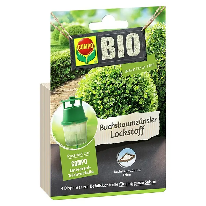 Compo Buchsbaumzünsler-Lockstoff - 4 Stk. - COMPO BIO Buchsbaumzünsler-Lockstoff-Verpackung für COMPO Universal-Trichterfallen. 4 insektizidfreie Dispenser für eine ganze Saison.