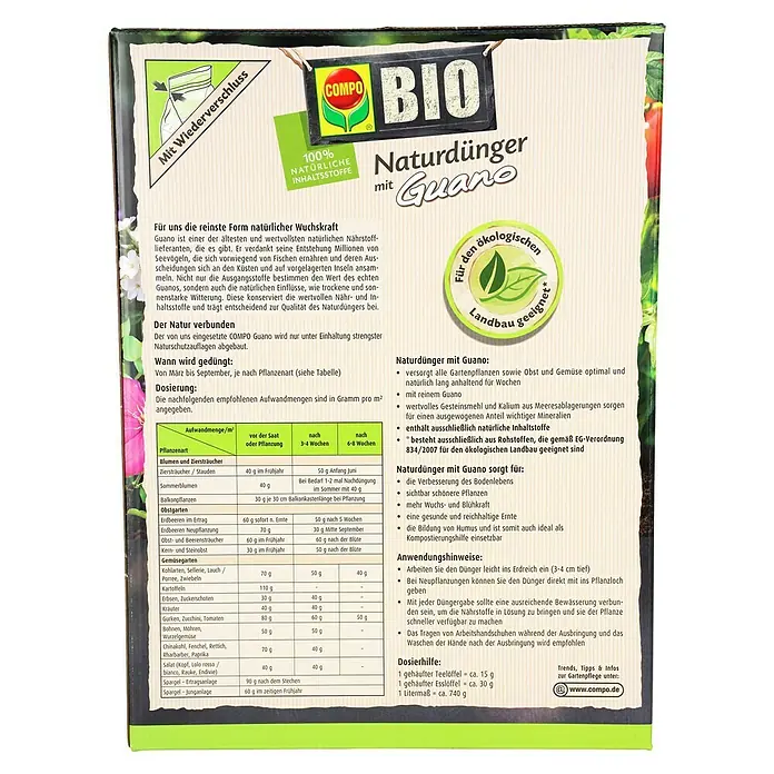 Compo Bio Gartendünger mit Guano - 3 kg - Grüne und weiße Verpackung des COMPO BIO Guano Naturdüngers für den ökologischen Landbau.
