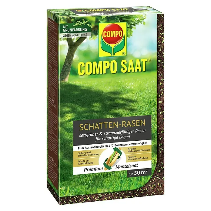 Compo Saat Rasensamen Schattenrasen - 1 kg, 50 m² - Verpackung COMPO SAAT SCHATTEN-RASEN mit Grünfärbung gegen Vogelfraß, für 50 m² Rasenfläche.