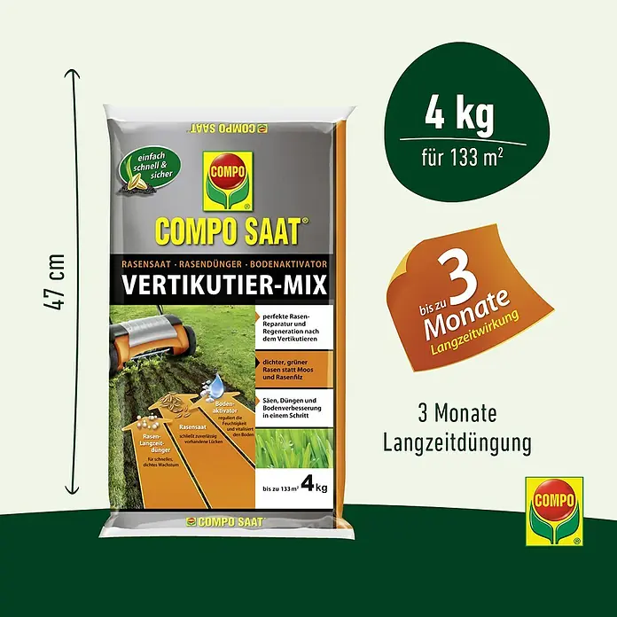 Compo Saat Rasensamen Vertikutier-Mix - 4 kg, 133 m² - Grau-gelbe COMPO SAAT Vertikutier-Mix-Packung, 4kg für 133m², mit 3 Monaten Langzeitwirkung für Rasenreparatur.