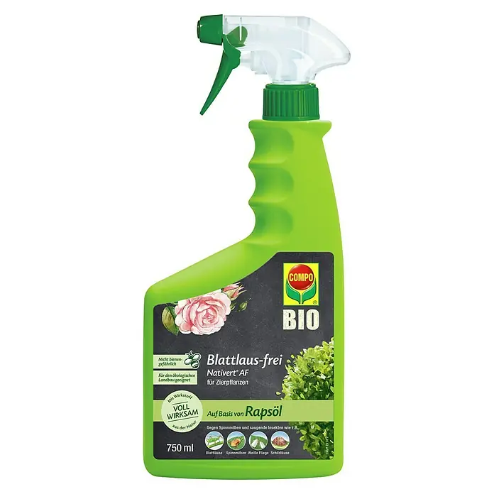 Compo Blattlausfrei Nativert® AF - 750 ml - Grünes Kunststoff-Sprühflasche für Pflanzenschutz, 750 ml, mit ergonomischem Griff und transparenter Düse.
